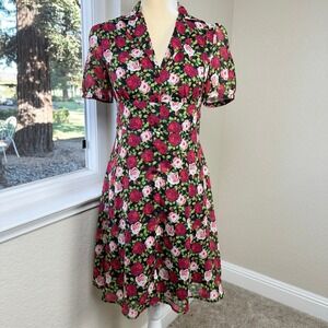 Betsey Johnson Roses Floral Print Mini Tea Dress Womens 2 Whimsical‎ Charming